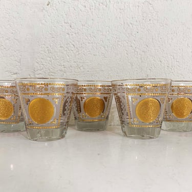 Vintage Lowball Glasses Set of 5 Gold White Tumblers Mid Century Rocks Glass Barware Cocktail 1960s 