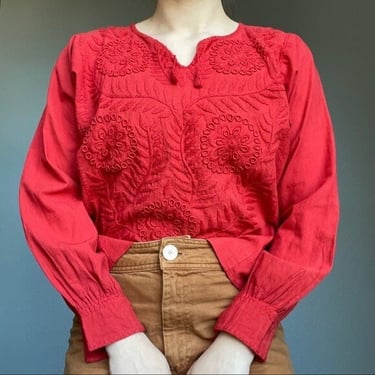 Vintage 70s Red Mexican Floral Embroidered Hippy Peasant Cotton Blouse Sz M 