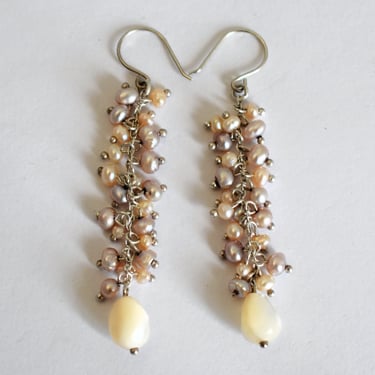 70's sterling seed pearl Mother of Pearl boho dangles, 925 silver pink & cream beads waterfall earrings 