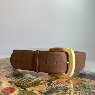 Vintage 90s Christopher Roberts Tan Genuine Leather Wide Gold Buckle Belt - S 