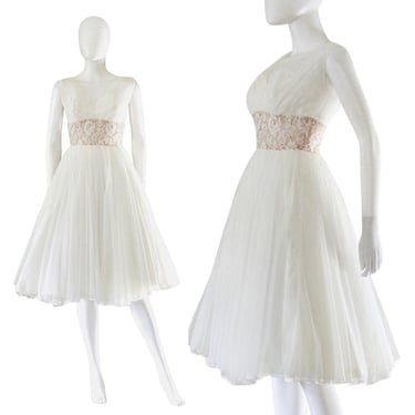 1950s Bright White Sheer Chiffon Fit and Flare Dress with Rhinestone Illusion Waist - 1950s Wedding Dress - 50s White Dress | Size Small 