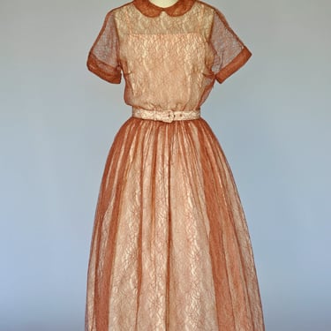 1950s brown chantilly lace party dress XS/S 