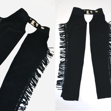 90s Vintage Black Leather Fringe Chaps Black Leather Fringe Pants Small Medium K Baumann Suede Fringe Chaps Rhinestone Cowgirl Cowboy Rodeo 