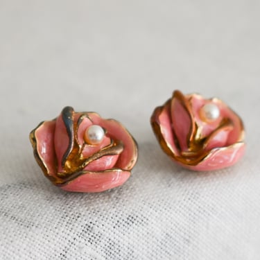 Vintage Pink Enamel and Faux Pearl Rose Stud Earrings 