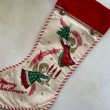 Vintage Angel Merry Christmas Stocking, Kitschy Dime Store, Lined Flannel, Vintage Christmas Decor 
