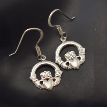 Dainty 70's Celtic claddagh 925 silver dangles, sterling Irish hands & heart earrings 