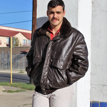 Vintage 1980s Cooper Sportswear Bomber Jacket, Size 48 Long Men, Brown Leather Flight Jacket, Faux Fur Collar 