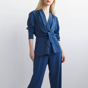 charmeuse blue knot pants suit / sz S 