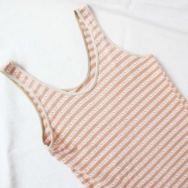 Vintage 70s Stripe Jacquard Knit Tank Top M - Tan White Scoop Neck Knit Sleeveless Shirt 