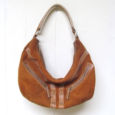 Vintage 1990s Brown Suede Purse, 90s Slouchy Caramel Stamped Leather Purse, Hobo Bag, Boho Festival Bag, Made in Italy 