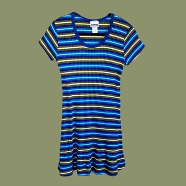 90s Striped Dress, Vintage Mini Dress, Soft Grunge Short Sleeve Simple Casual Blue Green Scoopneck Above The Knee Dress Small 