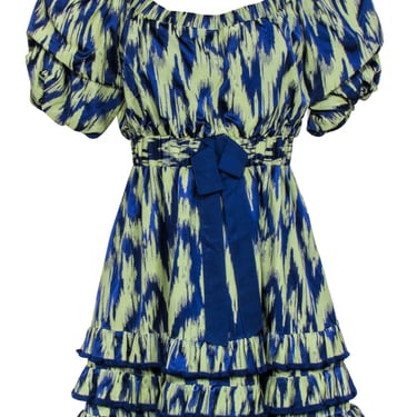 Cinq a Sept - Green & Blue Off the Shoulder Abstract Print Mini Dress Sz 8