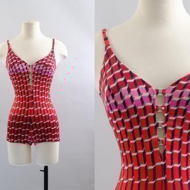 80s Cole of California Swimsuit – Pink & Red One Piece – Metal Accent – Made in USA – Size 10 - Small 