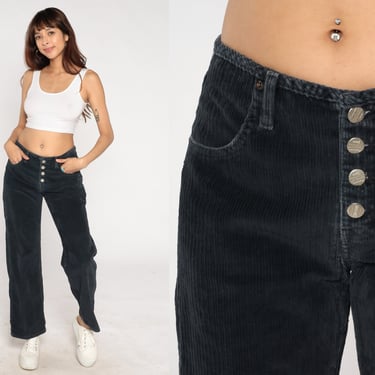 Black Corduroy Pants 90s Mid Rise Trousers Retro Boho Straight Leg Exposed Button Fly Relaxed Hipster Cords Vintage 1990s Whooz Blooz Medium 