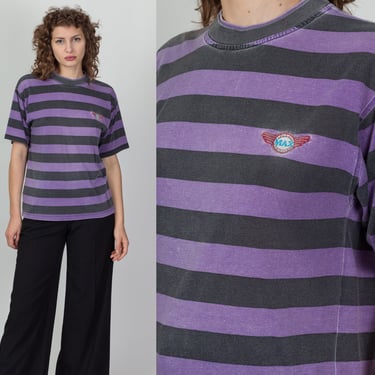 80s Purple & Black Striped Tee - Medium to Large | Vintage Faded Short Sleeve T Shirt 