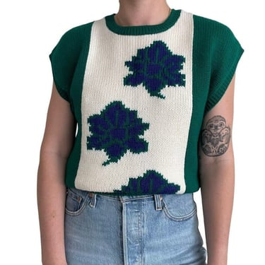 Vintage 80s Green Blue Floral Hand Knit Chunky Preppy Grandma Sweater Vest Sz M 