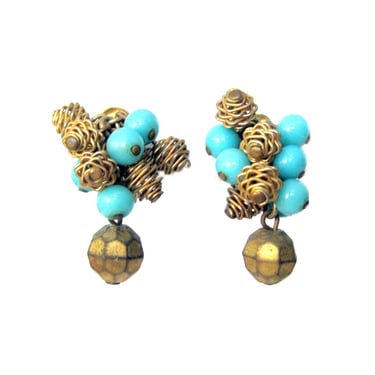 Turquoise Blue Colored Bead Cluster Earrings, 1950s Vintage Earrings, Vogue Jewelry, Vintage Clip On Earrings, Cha Cha 