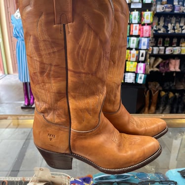 Frye Cowboy Boots Vintage 1980s Tan Natural Brown Men's size 10 1/2 D 