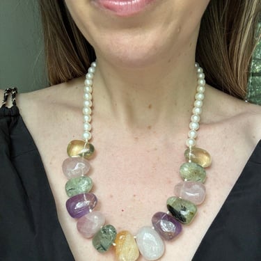 Genuine Pearl and Amethyst Rose Quartz Necklace