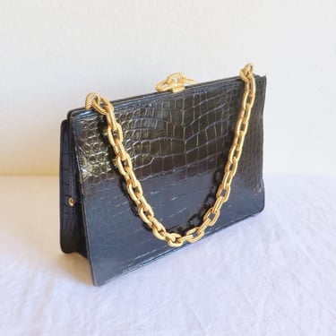 1960's Koret Alligator Leather Structured Purse Gold Chain Top Handle and Clasp Evening Cocktail Party 60's Handbags Mod Style 