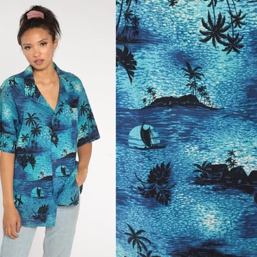 Tropical Surfer Shirt Blue Hawaiian Blouse Cotton Button Up 80s Vintage Palm Tree Leaf Surf Vacation Short Sleeve Large xl 