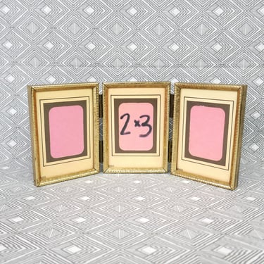 Vintage Small Tri-Fold Hinged Picture Frame - Gold Tone Metal, Non-Glare Glass - Triple Holds 2 1/4