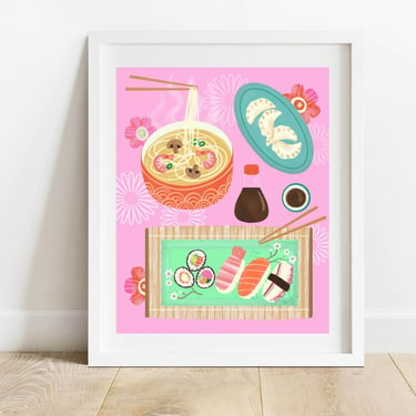 Sushi Ramen and Dumplings 8 X 10 Kitchen Print/ Asian Food Home Decor/ Noodle Bowl Wall Art/ Japanese Cuisine Illustration 