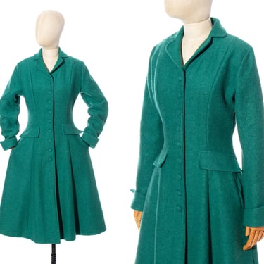 Vintage 1950s Style Princess Coat | Modern TATYANA Metallic Sparkly Green Full Skirt Fall Winter Holiday Overcoat (small/medium) 
