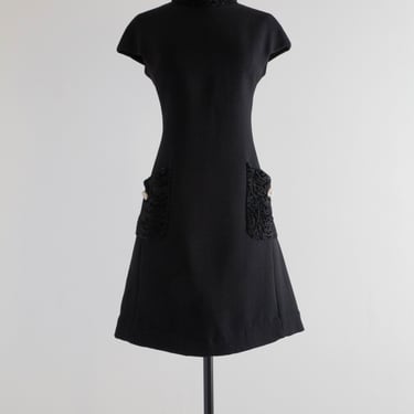 Ultra Chic 1960's Mod Black Wool Cocktail Dress With Fur Accents / Medium