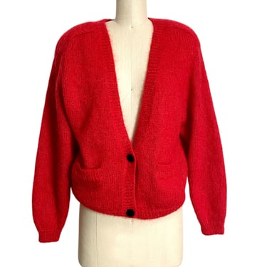 80s fuzzy red mohair cropped cardigan sweater - size medium 