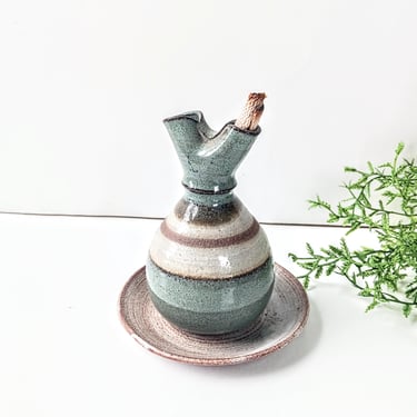 Handmade Studio Art Pottery Oil Lamp with Underplate/ Pinch Top/Boho, Southwest, Rustic Farmhouse Decor 