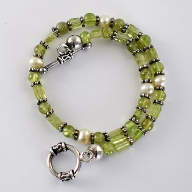 70's prasiolite pearl sterling boho bracelet, green bead & barrel 925 silver hippie ankle bracelet 