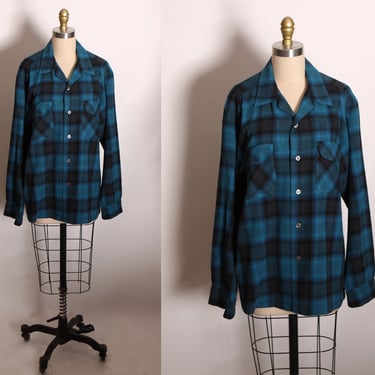 1950s 1960s Blue and Black Plaid Long Sleeve Button Up Wool Pendleton Style Mens Jacket -XL 