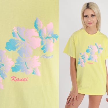 Kauai Hawaii Tshirt 90s Yellow Tropical Floral Shirt Beach Shirt Hawaiian Flower Shirt Graphic Tee Retro T Shirt Gildan Medium 
