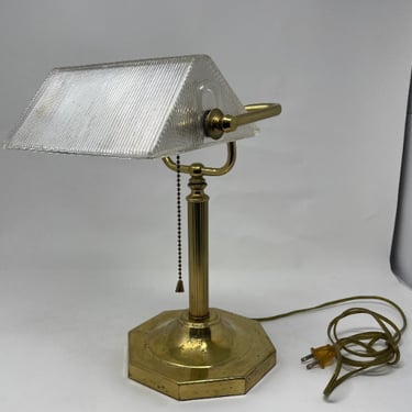 Vintage Bankers Lamp with Ribbed Glass and Brass Plate