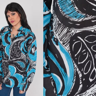 70s Leaf Shirt Retro Disco Shirt Button Up Top Groovy Abstract Print Dagger Collar Boho Hippie Blue Black Long Sleeve Vintage 1970s Large L 