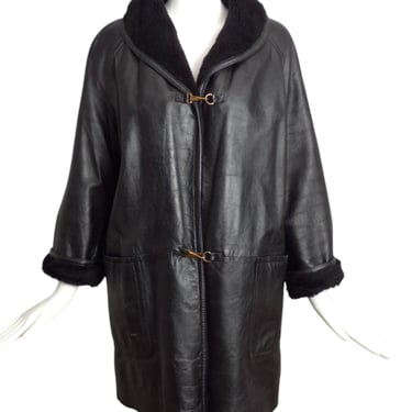 BONNIE CASHIN UNLABELED- 1950s Black Leather & Fur Coat, Size 10