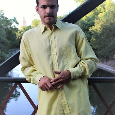 Yellow Shirt, Vintage 1970s, Linen Blend Shirt, M/L Men, Button Up, Gray stitched pinstripes, Long Sleeve 