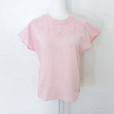 80s/90s Pink Ramie Cotton Embroidered Floral Blouse | Small/Medium 