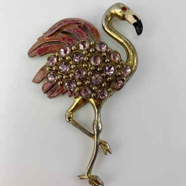 1940'S Flamingo Brooch with a Vintage Patina- Hand Painted Details - Amethyst Colored Rhinestones - Set in Goldtone metal - Locking Clasp 