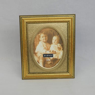 Vintage 3" x 4" Picture Frame - Burnes of Boston - Gold Painted Wood w/ Black Speckles, Embossed Metal Oval Mat - Tabletop Only 