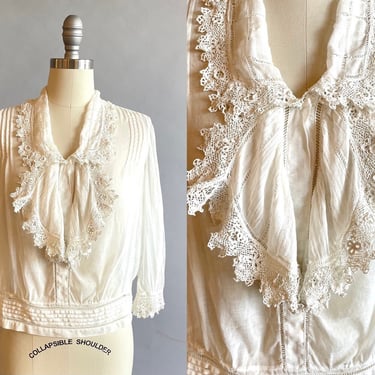 Edwardian Blouse / Early 1900s White Cotton Blouse / Edwardian Top / Lace Blouse / Size Small 