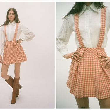 Vintage 1960s 60s Pink Wool Tartan High Waisted Suspender Mini Skirt Pinafore w/ Bronze Hardware Belt Loops 