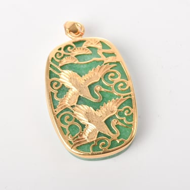 10K Gold Plated Jade Pendant with Swan Carved Overlay, Vintage Chinese Jade Pendant with Gold Overlay 