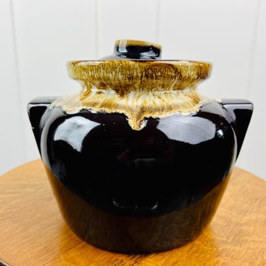 Vintage Robinson Ransbottom Brown Drip Glaze Bean Pot, Roseville pottery, Ohio, USA Stoneware country farmhouse decor, vintage bean pot gift 