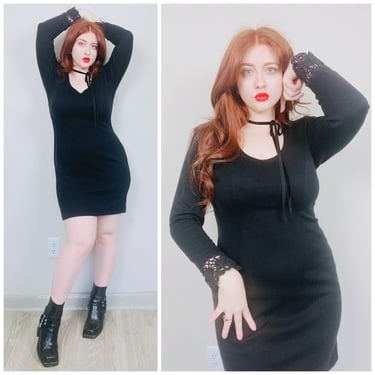 1990s Vintage Special Preview Acrylic Wiggle Dress / 90s Black Crochet Cuff Body Cone Mini Dress / Large - XL 