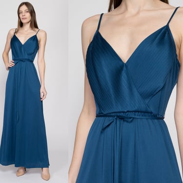 Medium 70s Neiman Marcus Blue Grecian Gown | Vintage Pleated Wrap Low Back Spaghetti Strap Formal Maxi Dress 