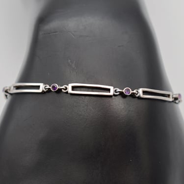 80's BOMA sterling amethyst geometric link bracelet, 925 silver open rectangle bars round purple gems stacker 