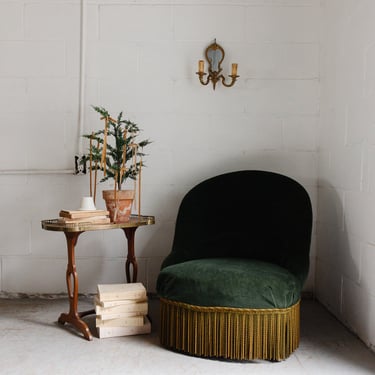 antique french forest green crapaud chair with fringe