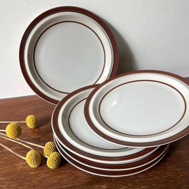 Vintage Sierra Stoneware Simplicity Brown Rim Salad Plates | Set of 5 Dishes | Brown Line Stripe Accent | Made in Japan | Rustic Farmhouse 